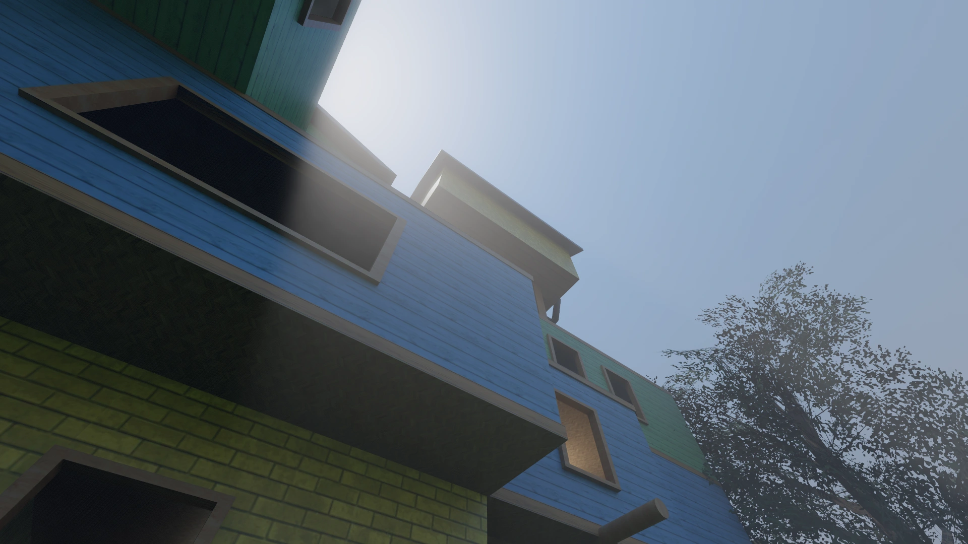 Daylight: the facade, sky, and tree canopies. RTX PT + DLSS RR.